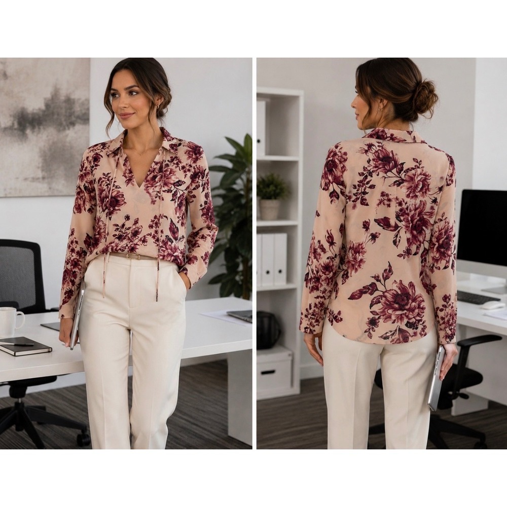 Love & Piece Collective Floral Tie Neck Blouse Peach Burgundy Small feminine